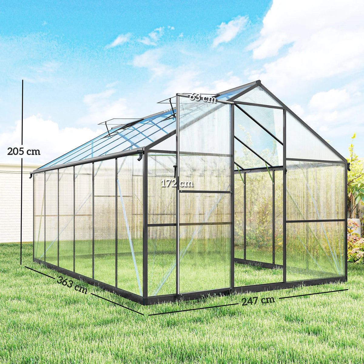 Serre polycarbonate 9 m² installée dans un jardin, dimensions