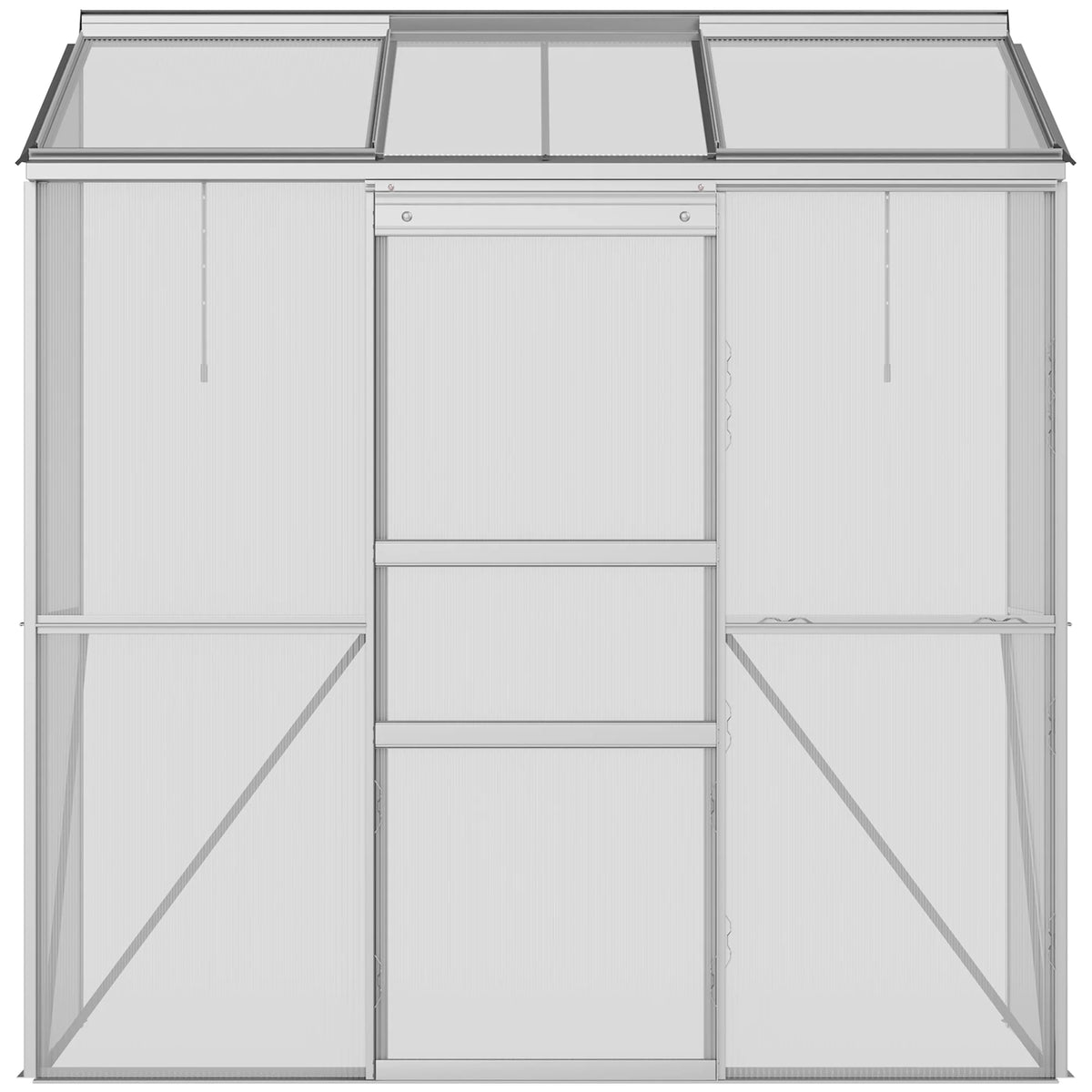 Serre adossée vue de face, portes coulissantes et fenêtres de toit
